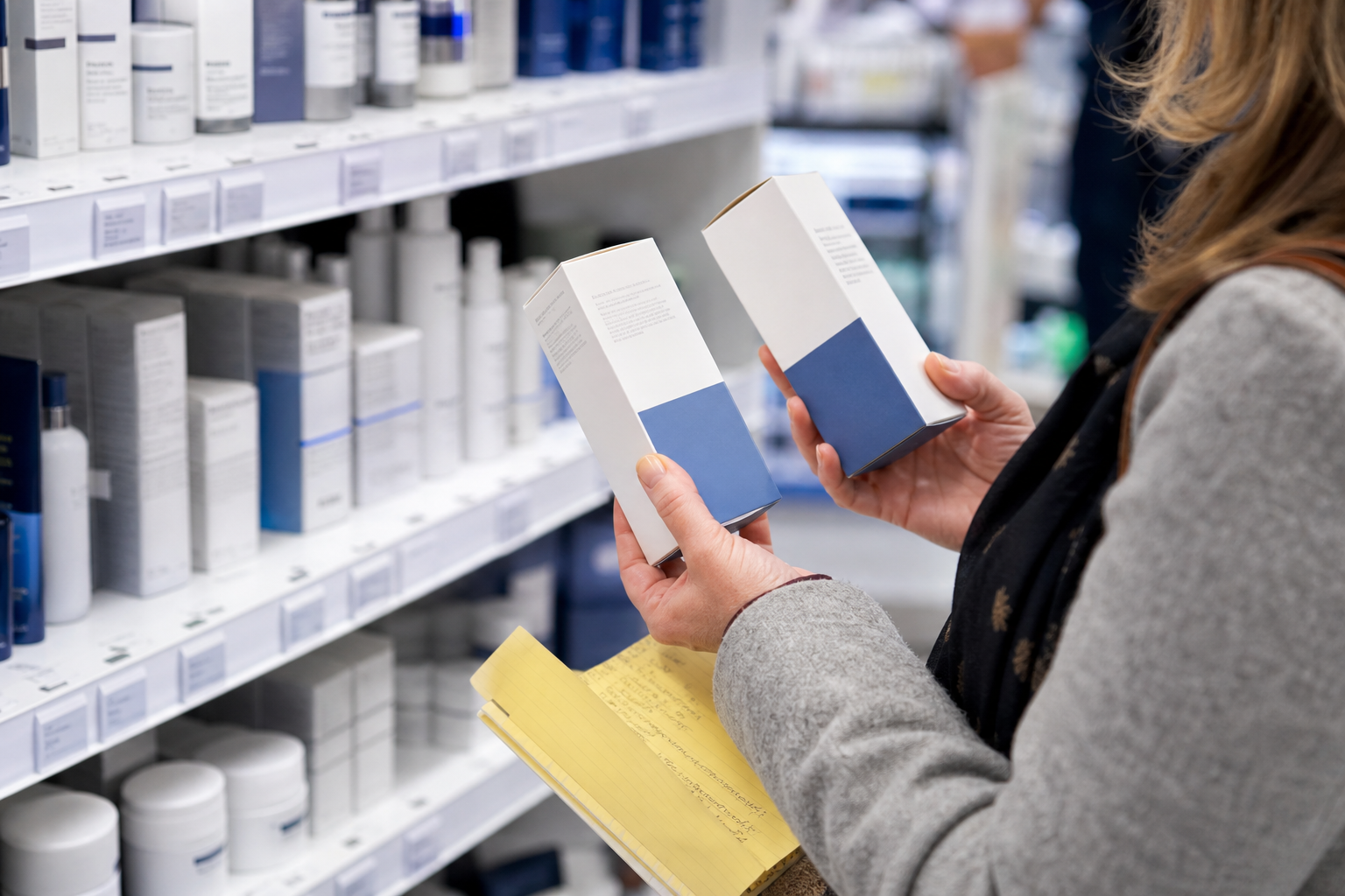 Klant vergelijkt twee eenvoudige huidverzorgingsverpakkingen in een apotheek