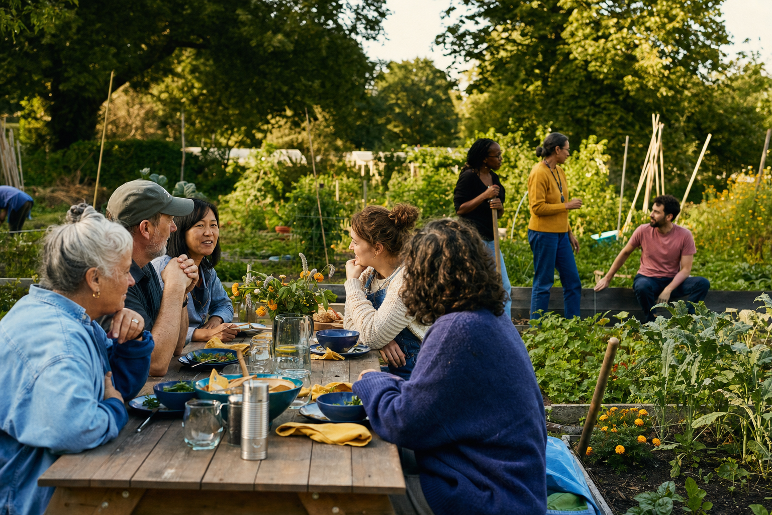 Mensen van verschillende leeftijden praten samen aan een tafel in een buurttuin