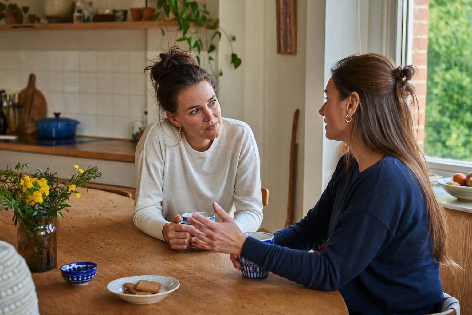 Twee vriendinnen luisteren naar elkaar aan een houten keukentafel
