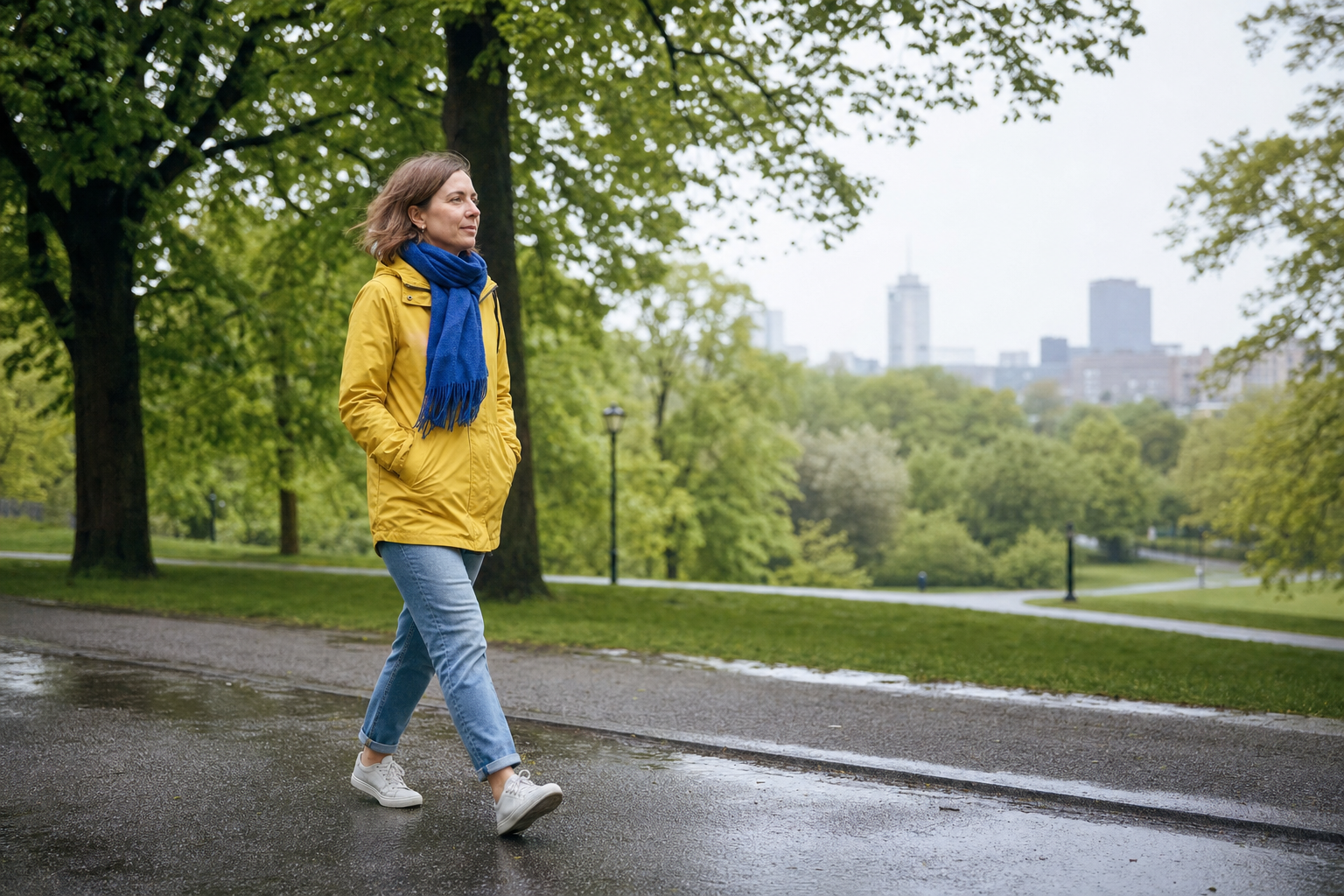 Vrouw in gele jas wandelt ontspannen door een groen stadspark na de regen